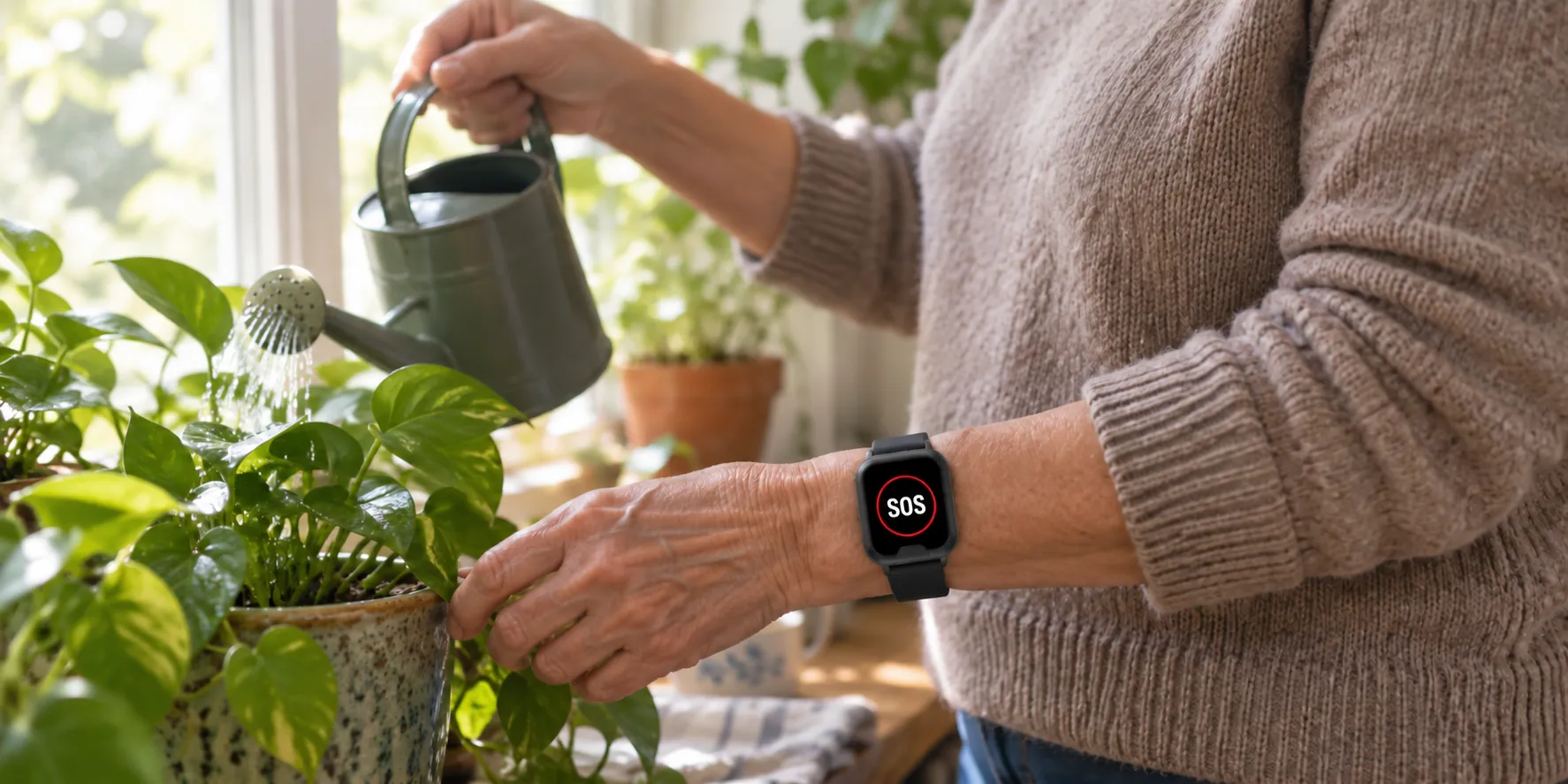 EV-07 personal safety watch with SOS displayed, worn while an older person tends to houseplants at home