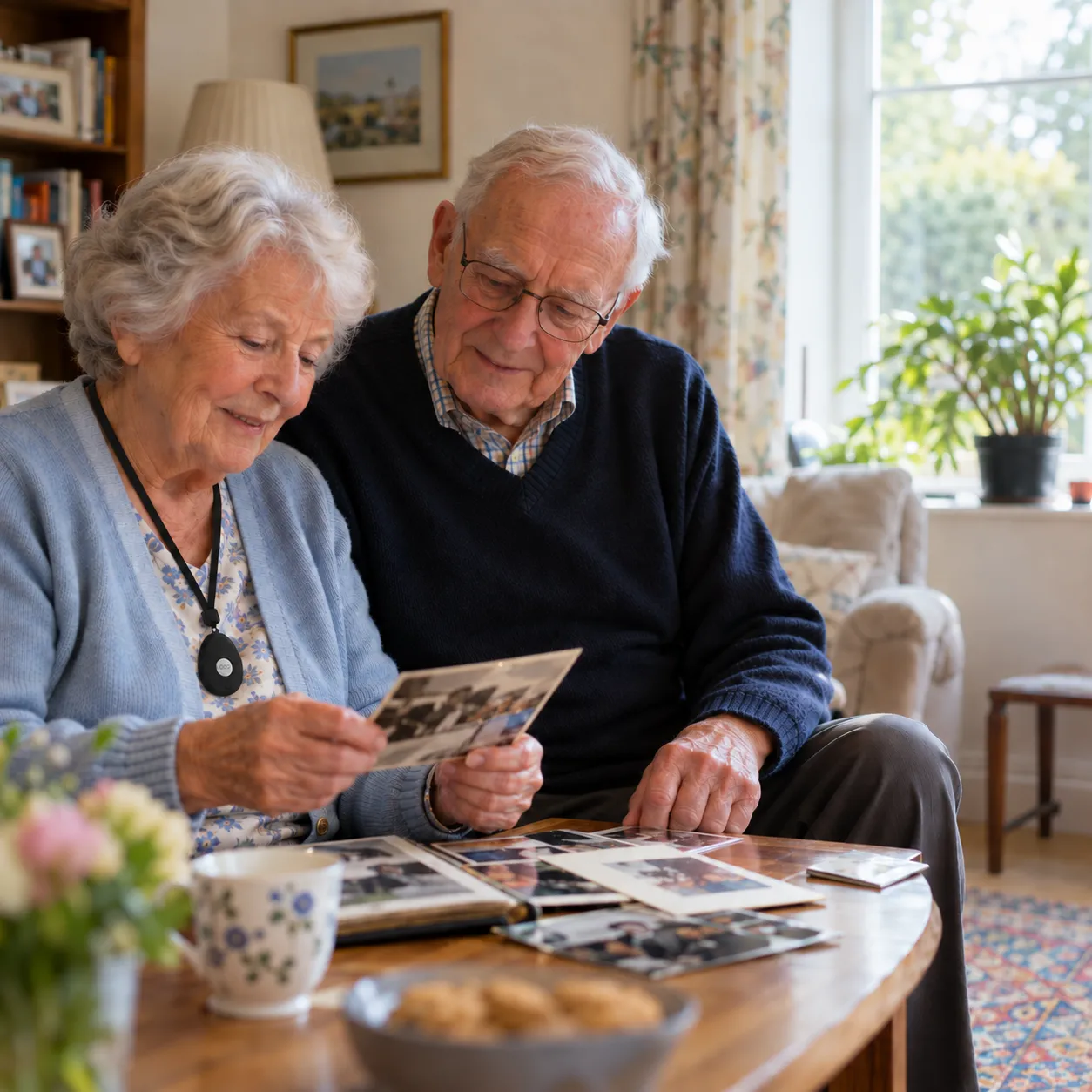 Older couple at home looking through family photographs together